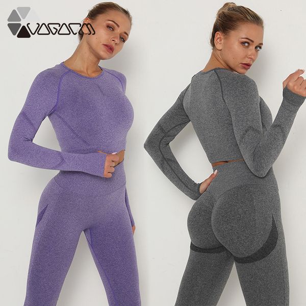 

2-piece set needless pack women high tail yoga leggings ny sport long mouw crop training suit fitness sportswear, Gray