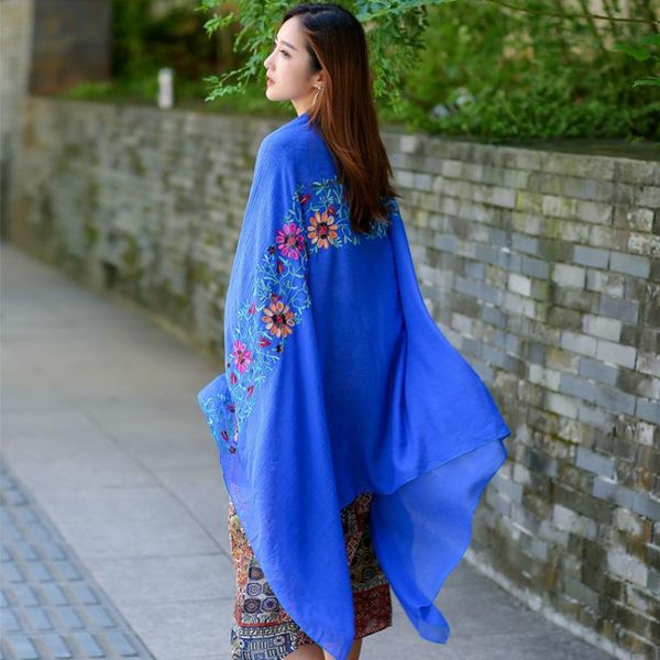 

scarves [difanni] vintga floral embroidery scarf and wrap for women chinese style overlength retro flower beach shawl, Blue;gray