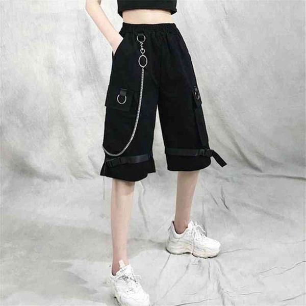 

harajuku streetwear casual harem with womens shorts chain solid black cargo cool fashion hip hop long trousers, White;black