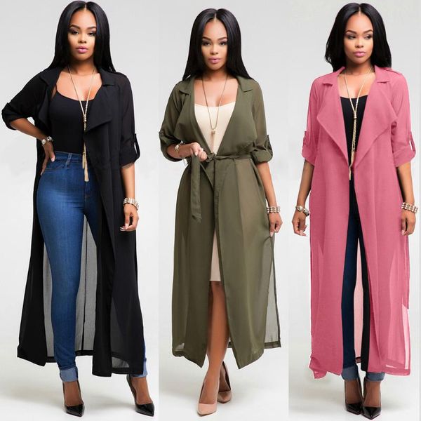

womens coats long sleeve office lady casual chiffon cardigan solid color fashion lace up jacket spring summer cardigan for women, Black;brown