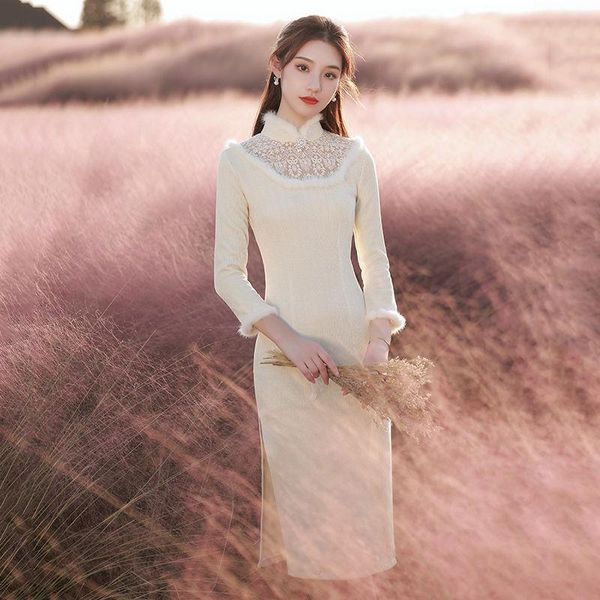 

ethnic clothing warm white chenille chinese wedding dress gown lady lace floral mandarin collar qipao elegant vintage button cheongsam, Red