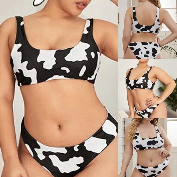 

fashion milk koe pattern printing bikini set two bath mode 2021 women biquini big size swim beachwear bathing suits, White;black