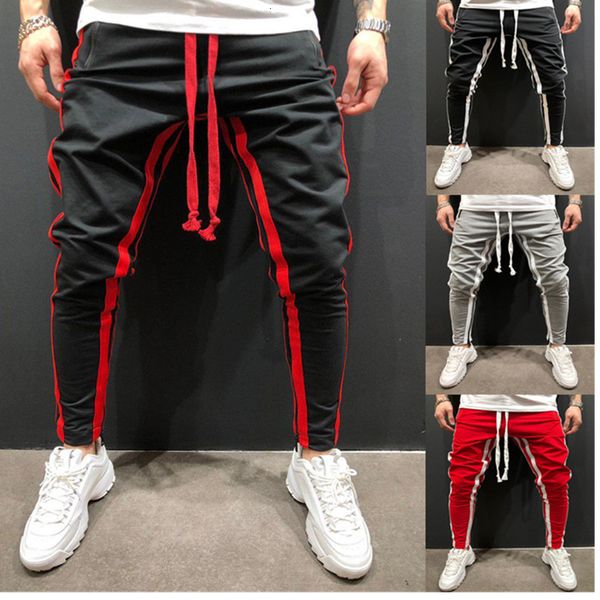 

men solid casual brand fitness random elastic potlood bodybuilding clothing streep training joggers broek, Black