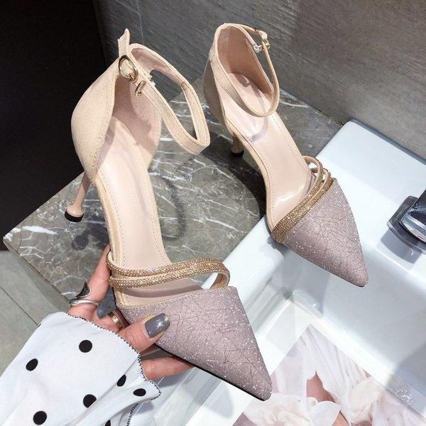 

dress shoes 2021 high heels crystals women pointed toe ankle buckle strap party pumps ladies zapatos de mujer plataforma, Black