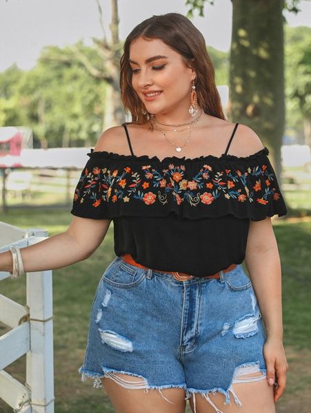 

plus cold shoulder floral embroidery o4fe#, Black