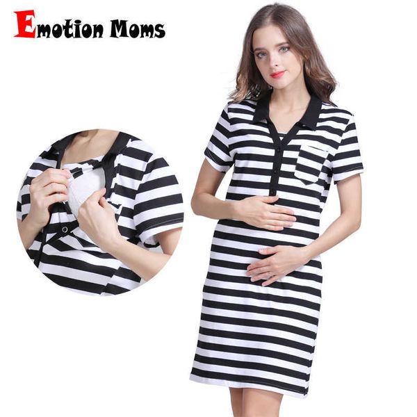 Emotion Moms Summer Maternity Stripe Dress Allattamento al seno Abbigliamento in cotone Tessuto elasticizzato per donne incinte Maternidad Dress Q0713