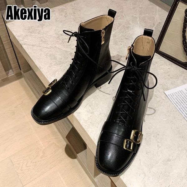 

boots 2021 genuine leather women double belt motorcycle botines lace up winter mid-calf booties female platform botas bc1760, Black