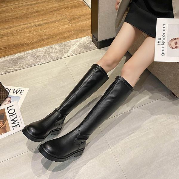 

boots 2021 ladies short thighs high heels round head middle calf rubber, Black