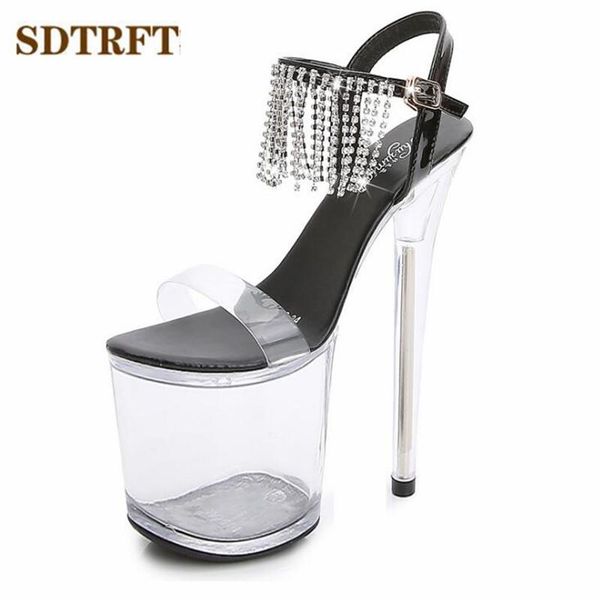 

sdtrft transparent stilettos zapatos mujer 20cm thin heels platform diamond tassels sandals red shoes woman party dance pumps, Black