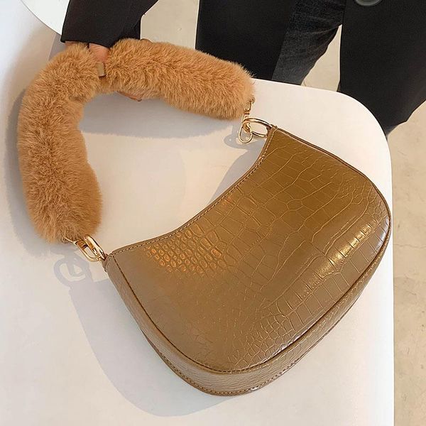 

cross body crocodile pattern plush tote armpit bag 2021 quality pu leather women's designer handbag vintage shoulder messenger