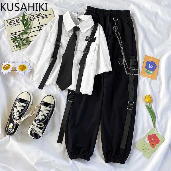 

kusahiki women clothing sets summer short ribbon causal blouse shirt + high waist harem cargo pants 2piece suits 6f442 210602, White