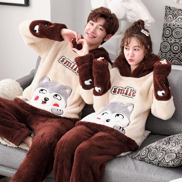 

coral couple pyjamas men and women autumn/winter long sleeve less plush home suit thickened, Black;brown