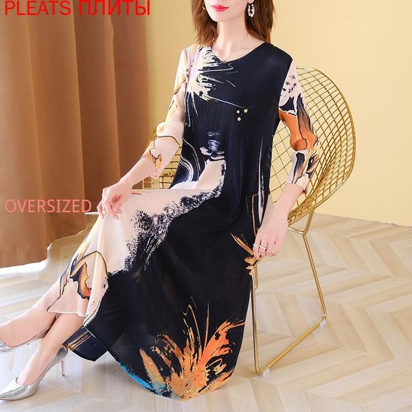 

casual dresses plus size dress chinese style vintage print for women 45-75kg spring autumn o neck 3/4 sleeve elastic loose miyake pleated, Black;gray