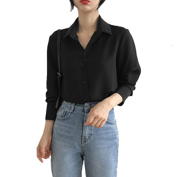

vintage turn down collar women long sleeves only breasted shirt chiffon single female solid casual shirts 2021 d182 qiny, White;black