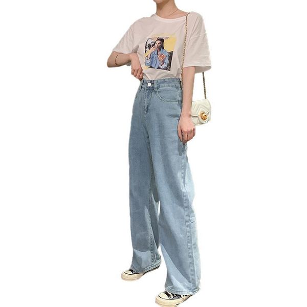 

women's jeans missky women long pants high waist wide leg spring summer straight loose floor length trousers for female, Blue