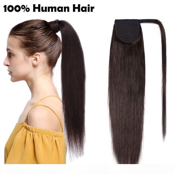 

ponytail human hair extensions dark brown 16 inch remy clip in ponytail hair piece drawstring wrap pony tails horsetail 160g ing, Black