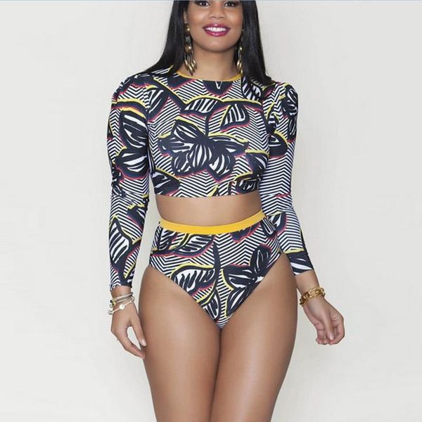 

trendy two piece suits bikini plus size swimsuit women long sleeve bikini set swimwear padded bathing suit print monokini 3xl #e