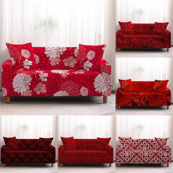 Weihnachtsblumen-Roter Stretch-Sofabezug für Wohnzimmer, All-Inclusive, Anti-Schmutz-Schonbezug, Möbelschutz, elastische Couch 211116