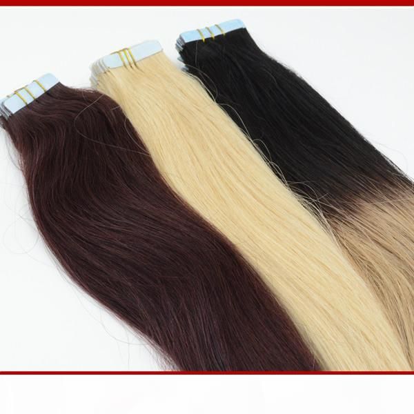 

stock indian virgin tape human hair extension straight 100g 18inch 20inch tape in human hair extensions, Black