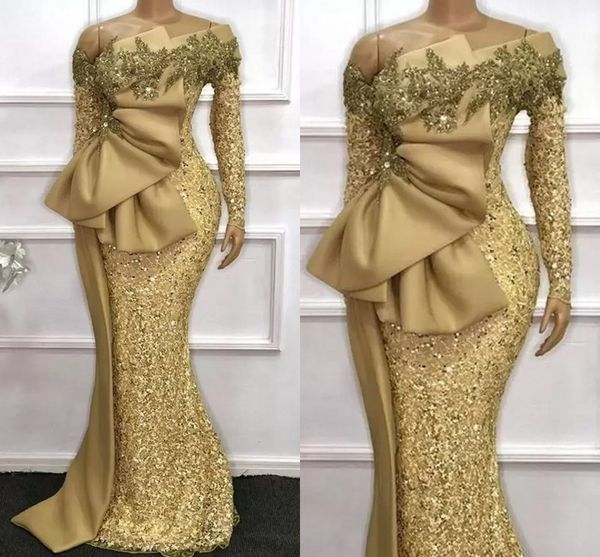 Gold Afrikanische Meerjungfrau Abendkleider Glitzernde Pailletten Lange Ärmel Große Schleife Satin Schößchen Prom Party Kleider Plus Größe Arabisch Aso Ebi Frauen Vestidos De Festa AL9707