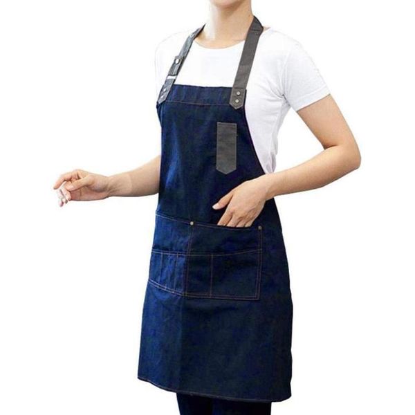 

denim women men adjustable button pocket home kitchen cafe cooking bbq apron household cleaning tools