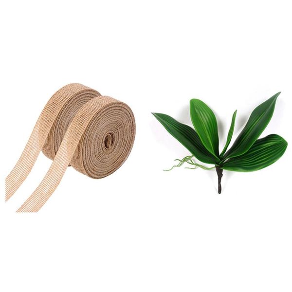 

1 pcs leaves of phalaenopsis(moth orchid), leaf/green(green)& 2 rolls of natural burlap fabric ribbon long 10m wide 2cm
