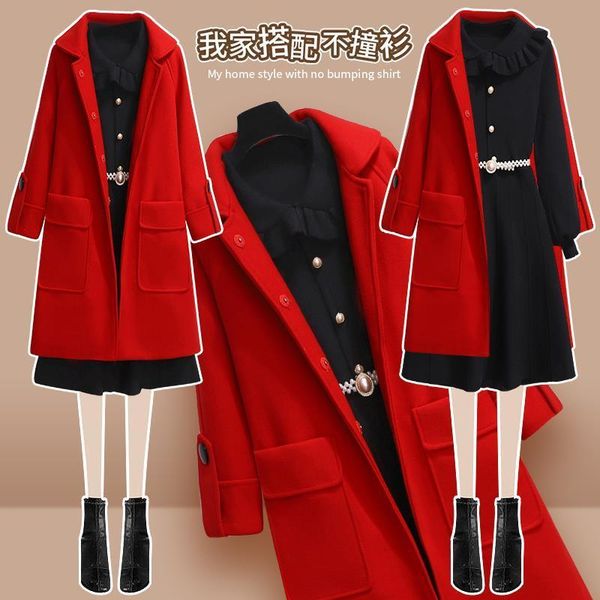

female red 2021 winter new elegant woolen jacket and knitted shirt gown of two girls suit garments defines y652 tm46, Black