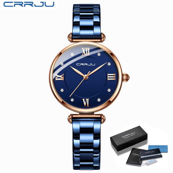 

women watch crrju fashion luxury blue for casual waterproof quartz ladies stainless steel relogio feminino 210616, Slivery;brown