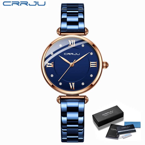 Orologio da donna CRRJU Fashion Luxury Blue for Casual Waterproof Quartz Ladies Acciaio inossidabile relogio feminino 210616