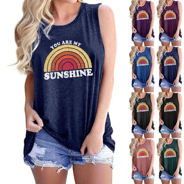 

women's t-shirt printed vest rainbow sunshine round collar sleeveless, White