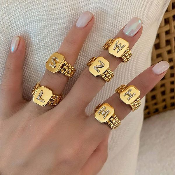 

cluster rings 2021 trendy hiphop adjustable 18k gold plated zircon a-z letter ring watchband square statement initial for women, Golden;silver