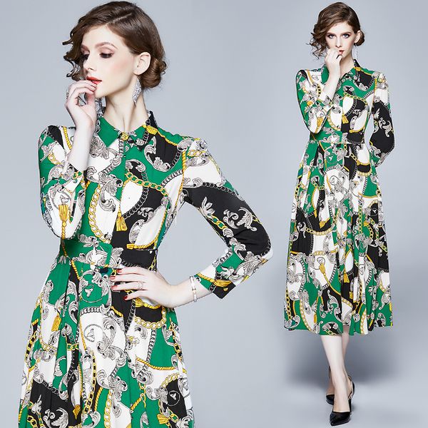

2021 new arrival spring summer autumn runway vintage print collar long sleeve women ladies party casual a-line maxi h16u, Black;gray