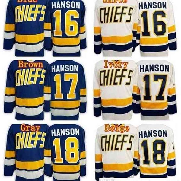 

96 hanson brothers charlestown slap smovie hockey jerseys 16 jack hanson 17 steve hanson 18 jeff ice jersey blue white color, Black