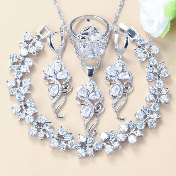 

earrings & necklace delicate bridal luxury sets silver-color white crystal zircon wedding jewelry for women bracelet and ring 6-color costum