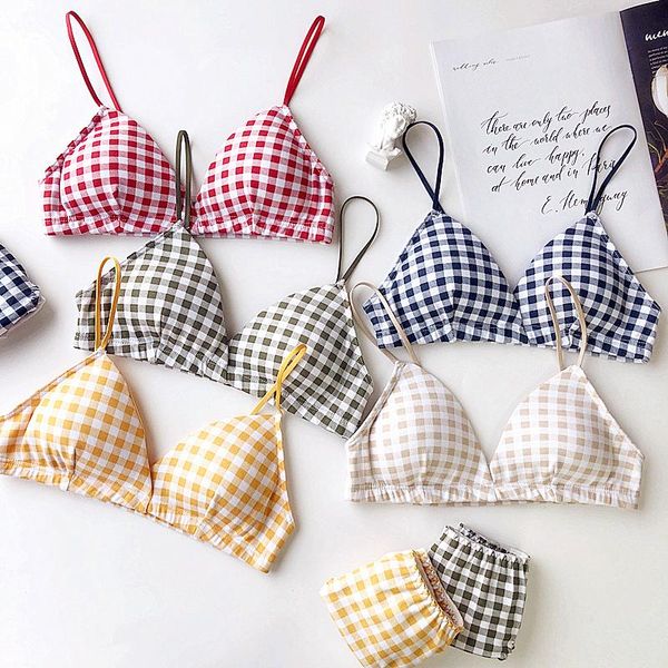 

bras sets japanese girls sweet grid thin cotton without rims triangle cup bra comfortable underwear lingerie set lencerÃ­a dessous, Red;black