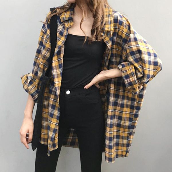 

missky women shirt plaid blouse spring autumn lapel splicing long sleeve loose college lady middle long shirt for female new, White