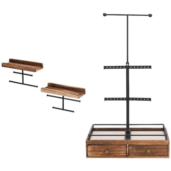 

jewelry pouches, bags 2 pcs hanging wall mounted organizer holder & 1 wood basic storage box, Pink;blue