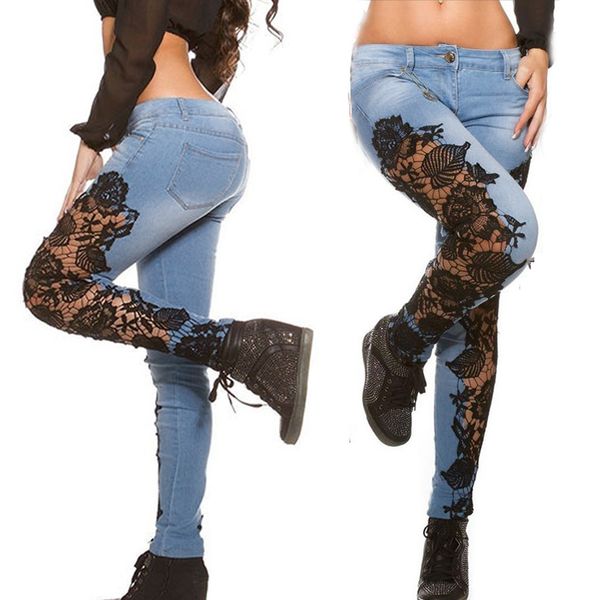 

2019 women jean faux denim jeans ladies seamless floral print full trousers plus size streetwear jean taille haute, Gray