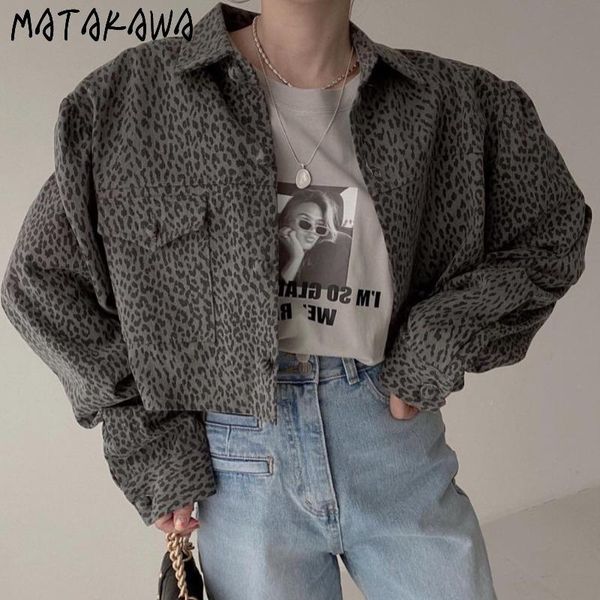 

women's jackets matakawa woman jacket autumn korean vintage turn down collar puff sleeve loose coat women leopard all-match short cargo, Black;brown