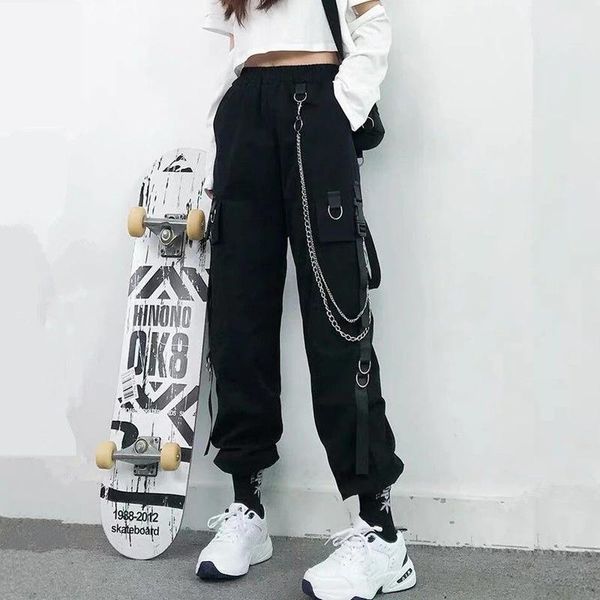 

women's pants & capris women cargo 2021 harem fashion punk pockets jogger trousers with chain harajuku elastics high waist streetwear, Black;white