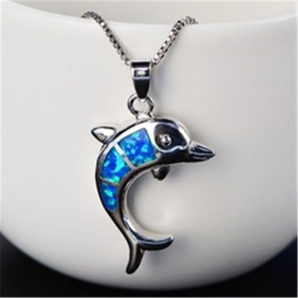 

pendant necklaces fashion cute small dolphin necklace blue imitation opal animal choker women boho chain jewelry children's gift, Silver