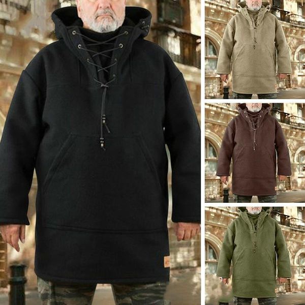 

men's jackets fashion autumn winter warm wool hoodie pullover viking lace up thicken anorak medieval coats cosplay costume, Black;brown