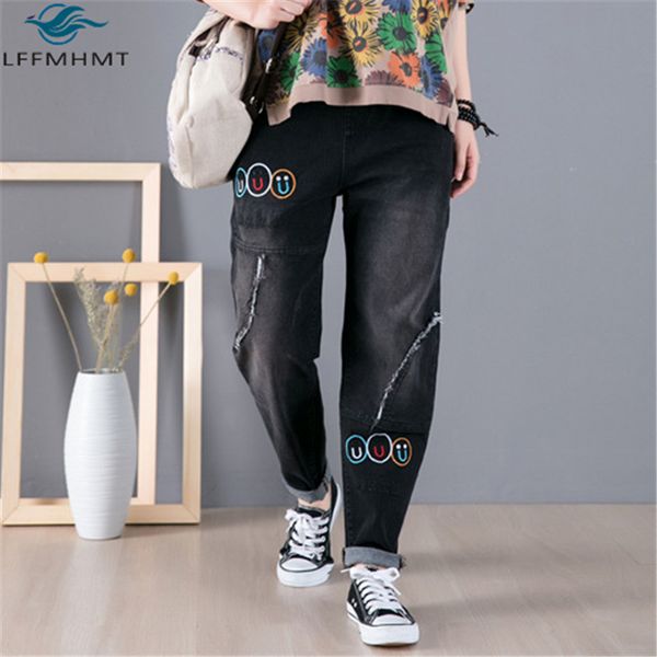 

2021 new women embroidery fashion female large size casual denim trouser frayed vintage elastic waist pant 6sq8, Blue