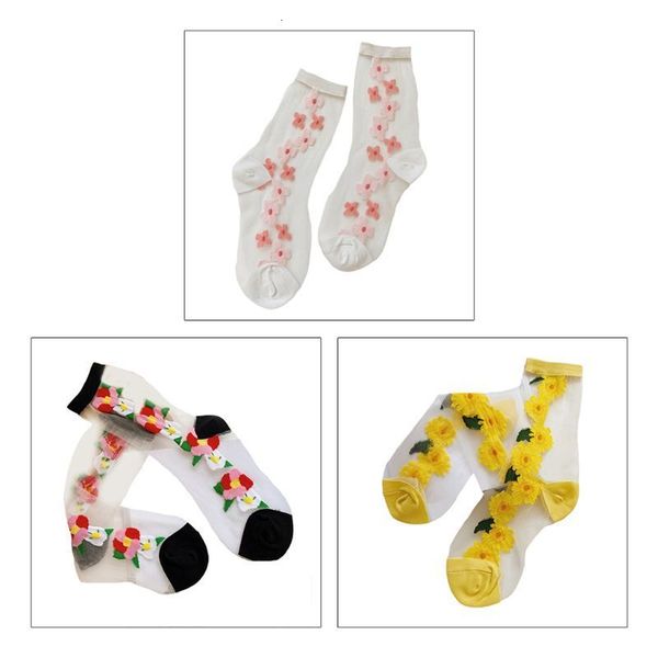 

style resh transparent glass fibre socks clear contrast colored daisy suower jacquard ultra-dunne mid buis kousen, Black;white