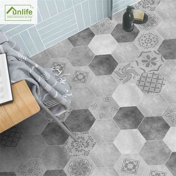 Funlife Adesivi per pavimenti Nero Bianco Grigio Piastrella portoghese Antiscivolo Adesivo autoadesivo impermeabile per cucina bagno 210615