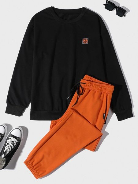 

men patched detail pullover & drawstring waist sweatpants k4bu#, Gray