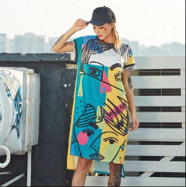 

2021 summer women cartoon graffiti straight long t shirts dress streetwear hip hop dance cloth drop shipping, Black;gray