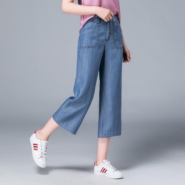 

women's jeans women high waist casual trousers pockets denim pants, Blue