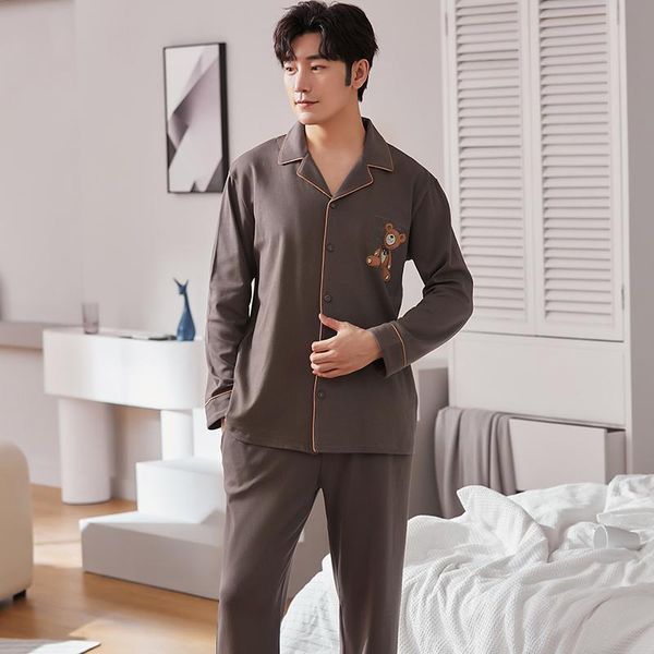 

men's sleepwear autumn winter long sleeve pajamas set men plus size cardigan kinttied cotton homewear cute bears cartoon nightwear, Black;brown