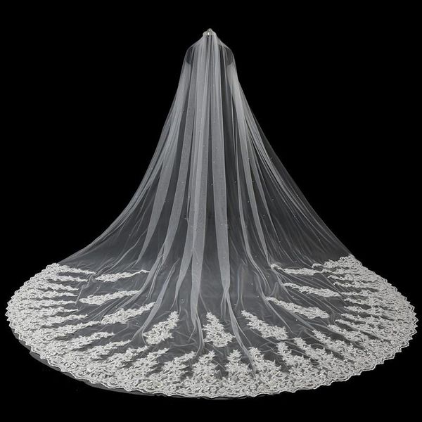 

bridal veils janevini 5 meter veil ivory wedding with comb pearls lace appliques edge one layer cathedral flength accessories, Black